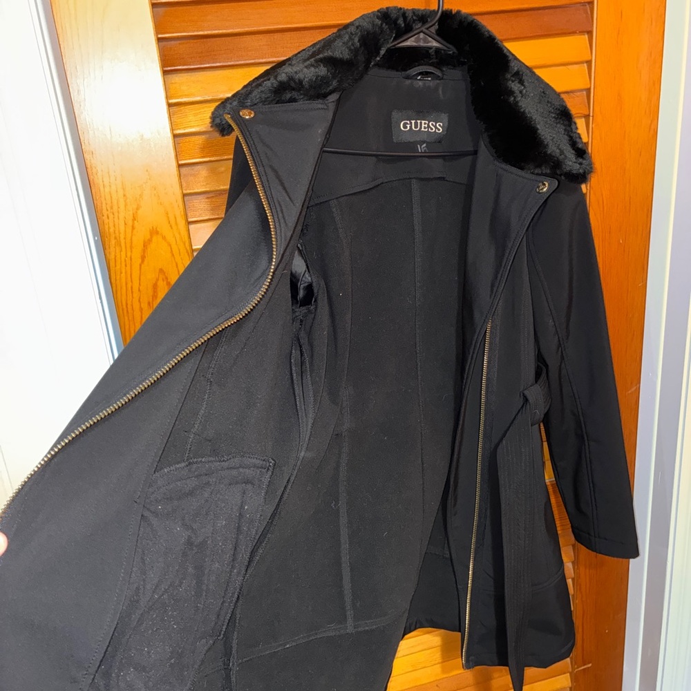 GUESS Long Black Winter Coat – Faux Fur Collar, Belted- womens size - Picture 4 of 10